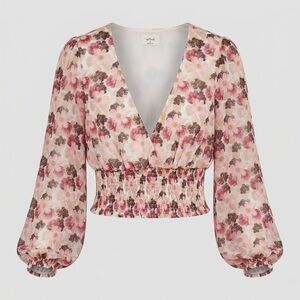 Aritzia Wilfred Wistful Floral Wrap Smocked Sheer Puff Sleeve Blouse Size Medium